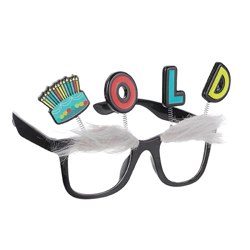 Old-style plastic birthday party goggles presented as a novelty photo prop, providing a playful costume detail for age-themed celebration portraits.
