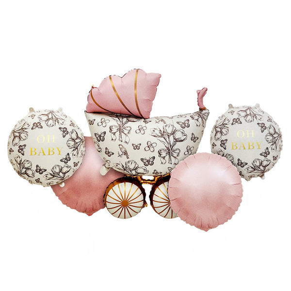 Pink Baby Pram Foil Balloon Set shown as a product reference for baby showers, welcome-baby occasions and family celebrations and a coordinated party display.