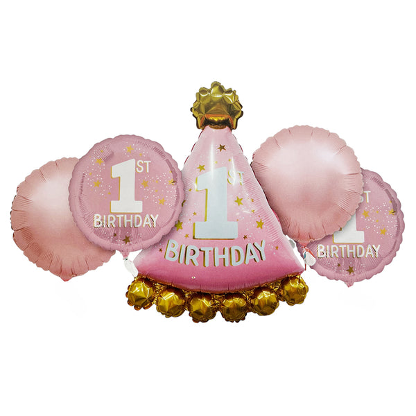 Pink first birthday crown number 1 foil balloon set with round balloons shown as a product reference for birthdays and themed gatherings and a coordinated party display.