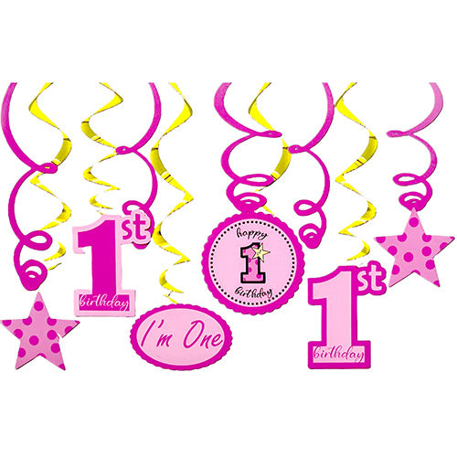 Pink first birthday hanging swirls with number 1 and star cut-outs