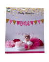 Pink ONE birthday banner shown in its packaging