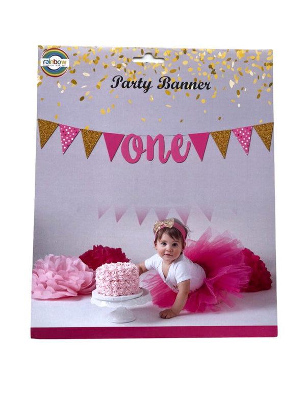 Pink ONE birthday banner shown in its packaging