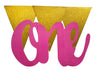 Pink ONE script and gold pennant banner detail