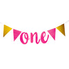 Pink ONE script banner with gold pennant flags