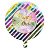 Rainbow Stripes Happy Birthday Foil Balloon, 18 Inch shown as a product reference for birthday celebrations, with its themed design visible.