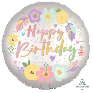 Satin Flowers Happy Birthday Foil Balloon, 18 Inch shown as a product reference for birthday celebrations, with its themed design visible.