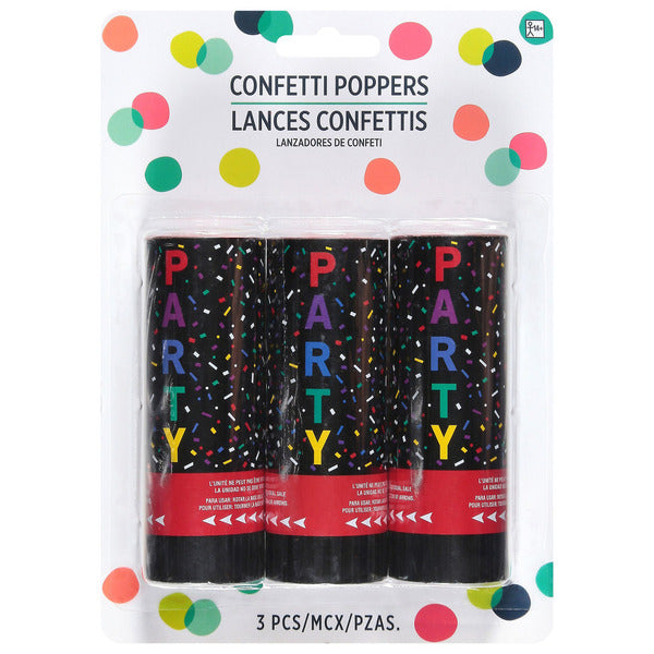 Set of three small multicolour paper confetti party poppers