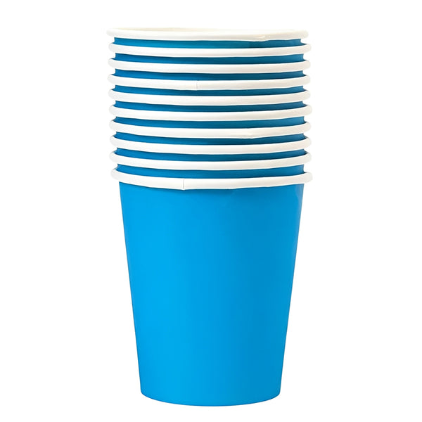 Light Blue solid-colour paper party cups, showing the plain colour design of the selected ten-piece pack for a coordinated celebration table.