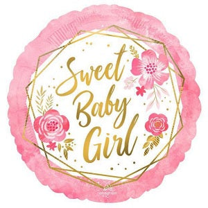 Sweet Baby Girl Floral Foil Balloon, 18 Inch shown as a product reference for baby showers and welcome-baby celebrations, with its themed design visible.