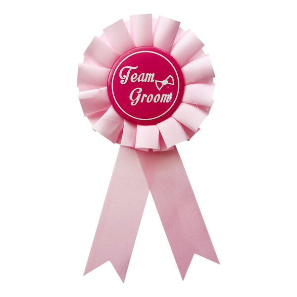 Team Groom Pink Satin Rosette Wedding Badge, 1 Pc
