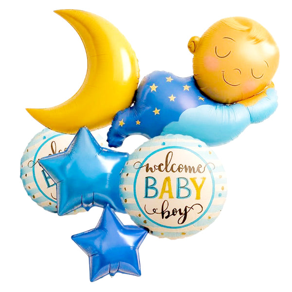 Welcome Baby Boy Blue Foil Balloons, Pack of 6 shown as a product reference for baby showers and welcome-baby celebrations, with its themed design visible.