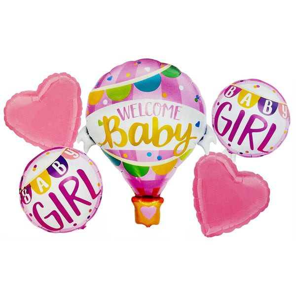 Welcome Baby Girl Pink Foil Balloon Set shown as a product reference for baby showers, welcome-baby occasions and family celebrations and a coordinated party display.