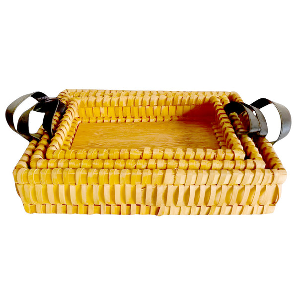 Wooden Baskets with Leather Handles Set of 3