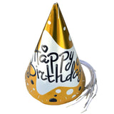 Glossy happy birthday cone party caps pack of 10 with colorful birthday print from Funzoop The Party Shop