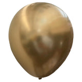 Closeup of 12 inch golden chrome metallic latex balloons with reflective shine from Funzoop The Party Shop