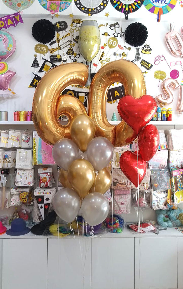 Golden Sixty Number Milestone Bunch with Hearts - Funzoop