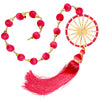 Pink Diwali door hanging with a gota-style ring, gold spokes, wrapped decorative balls, small gold beads and a long tassel.