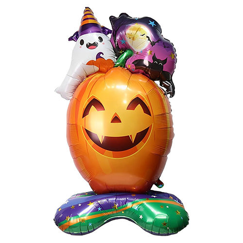 Halloween Pumpkin & Ghost Foil Balloon Cluster shown for a Halloween treat table and seasonal party photo display