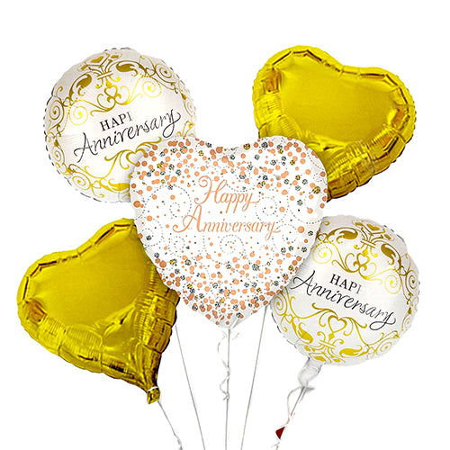 Happy Anniversary 5 In 1 Foil Balloons Set shown in an additional product reference image for a romantic celebration table or couple's photo display