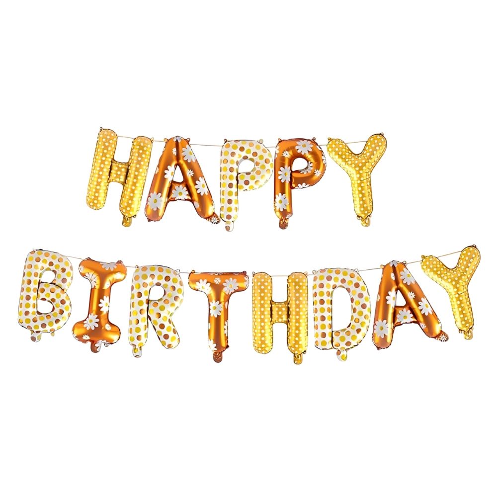 Gold HAPPY BIRTHDAY foil letter banner with white daisy pattern