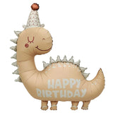 Cute beige Happy Birthday dinosaur shaped foil balloon with party hat for kids birthday party decoration from Funzoop