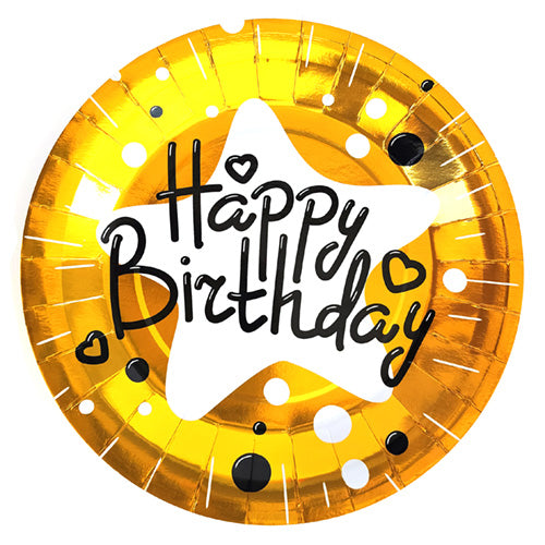 Glossy gold toned birthday paper plate featuring Happy Birthday lettering within a white star and contrasting dots around the border.