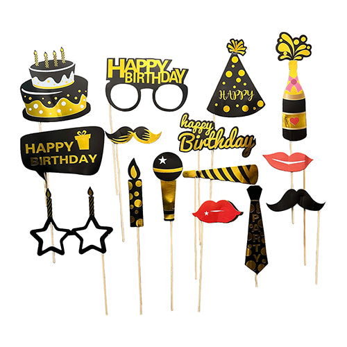 Happy birthday photo booth props set with black and gold themed party designs from Funzoop The Party Shop
