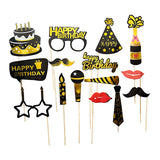 Happy birthday photo booth props set with black and gold themed party designs from Funzoop The Party Shop
