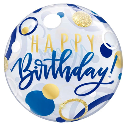 Happy Birthday Polka Dot Foil Balloon, Blue, 18 Inch shown as a product reference for birthday celebrations, with its themed design visible.