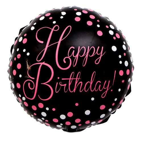 Happy Birthday Polka Foil Balloon, Black & Gold, 18 Inch shown as a product reference for birthday celebrations, with its themed design visible.