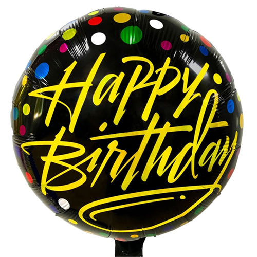 Happy Birthday Polka Foil Balloon, Black/Gold, 18 Inch shown as a product reference for birthday celebrations, with its themed design visible.