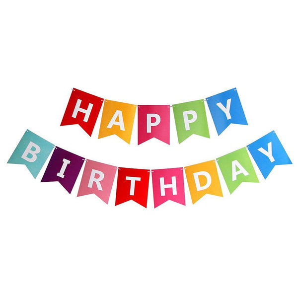 Happy Birthday wall banner made with colorful paper flags for party backdrop decoration from Funzoop The Party Shop