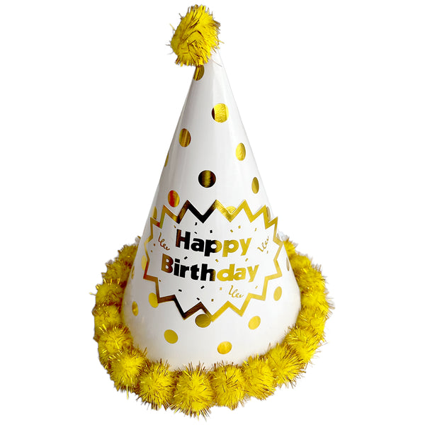 Yellow paper birthday cone cap with polka dots and a pom pom topper, presenting the design from the assorted-colour listing.