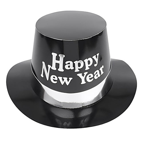 Assorted metallic-finish plastic party hat with Happy New Year styling, presented as a single headwear accessory for a countdown celebration.
