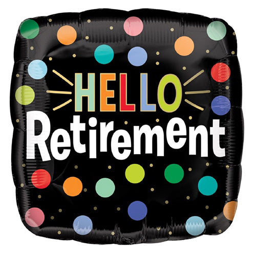 Hello Retirement Foil Balloon, 18 Inch shown as a product reference for retirement parties and farewell celebrations, with its themed design visible.