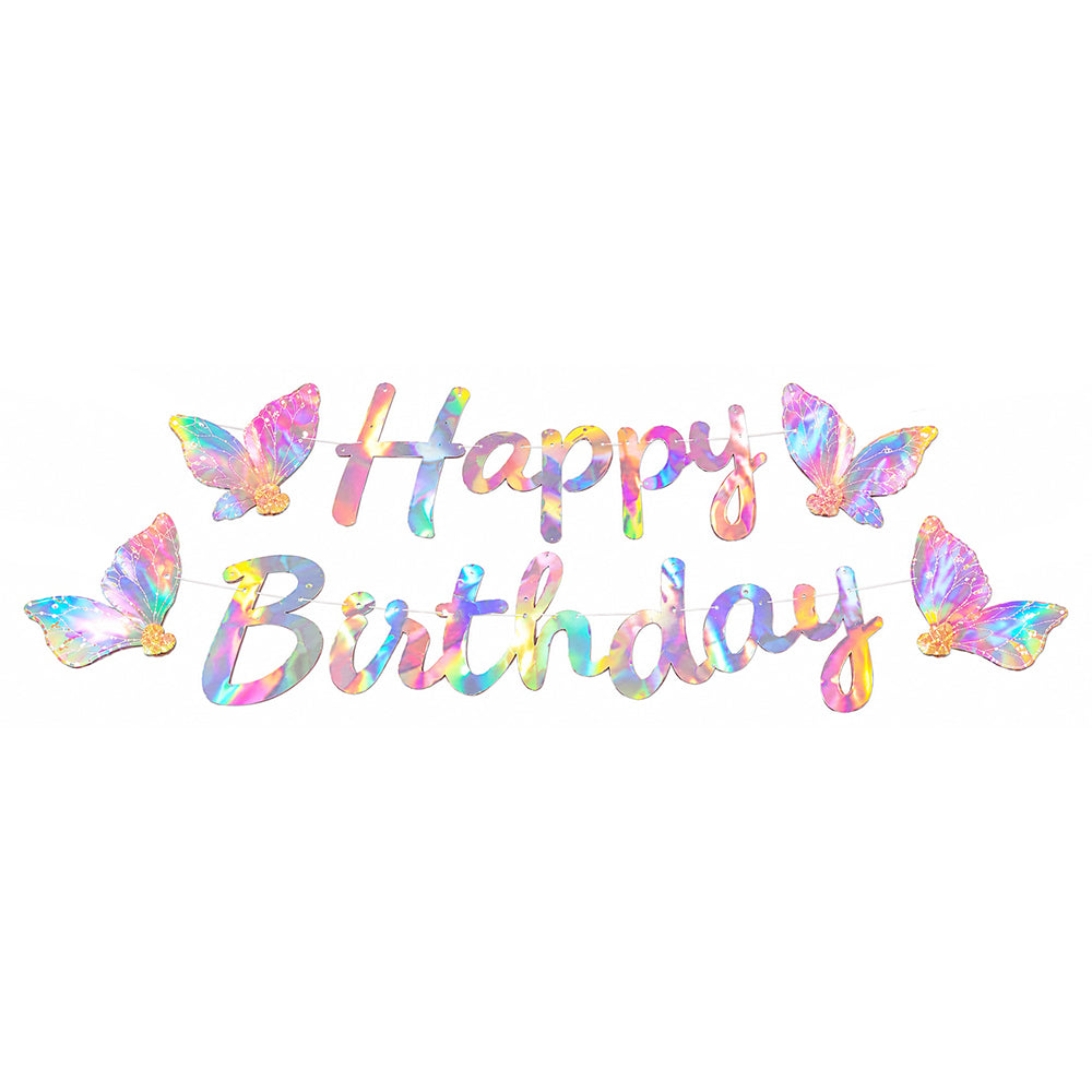 Holographic butterfly Happy Birthday paper party banner