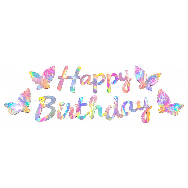 Holographic butterfly Happy Birthday paper party banner