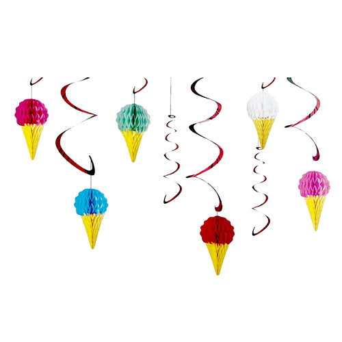 Ice cream theme hanging swirl decorations with colorful dessert cutouts for party décor