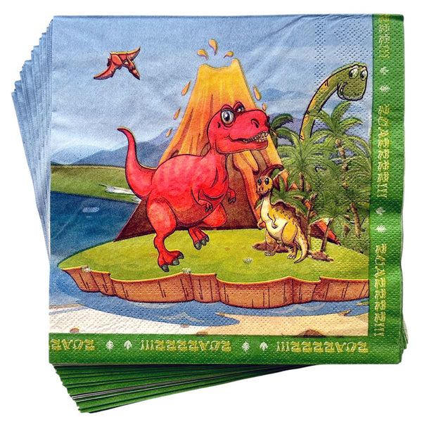 Folded jungle paper napkins pictured with colourful dinosaurs, a volcano and a green border, showing the design in the product image.