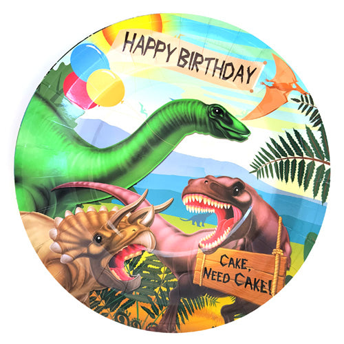 Jungle paper party plate pictured with colourful dinosaur artwork and Happy Birthday lettering, showing the design supplied in the product photo.