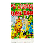 Jungle theme plastic table cover with colorful safari animal and tropical leaf design from Funzoop The Party Shop