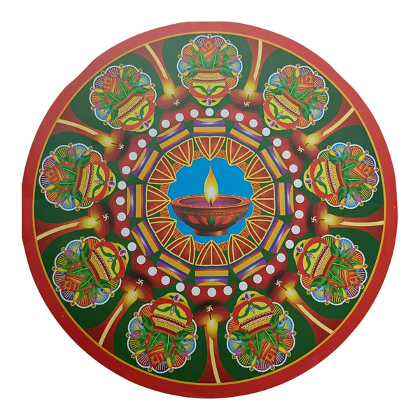 Round Diwali rangoli decoration featuring a central diya, repeating kalash motifs and colourful patterns with a red border.