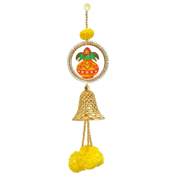 Kalash Diwali wall hanging inside a pearl-edged ring with a gold decorative bell, yellow floral accents and dangling pom-poms.