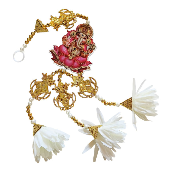 Ganesha Diwali wall hanging with gold kalash motifs, white flower tassels and decorative beads for a festive puja backdrop.