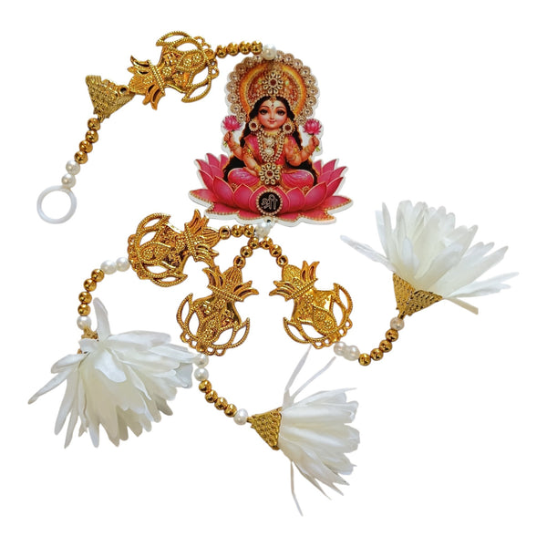 Lakshmi Diwali wall hanging with gold kalash motifs, white floral tassels and decorative beads for a traditional festive display.