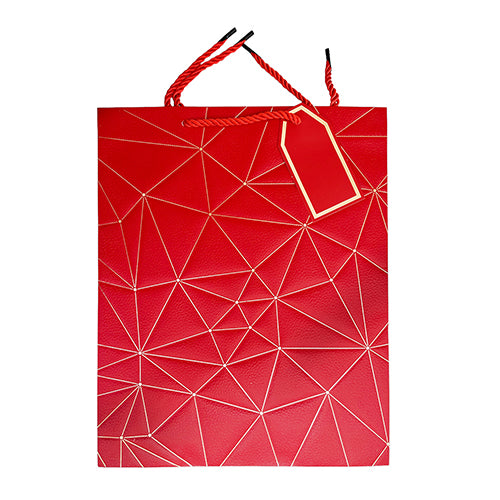 Leather look paper gift bag, with a printed design for presenting a wrapped gift and a separate greeting card.