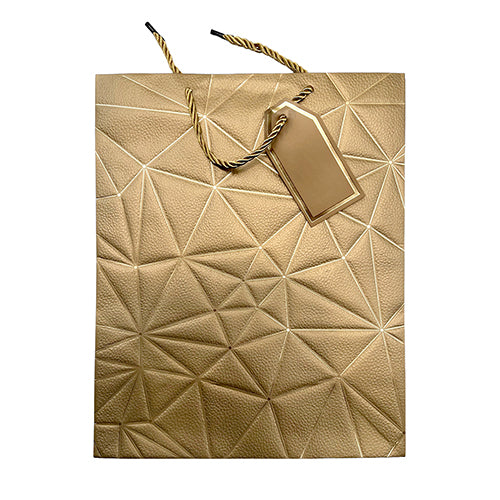 Leather look paper gift bag, with a printed design for presenting a wrapped gift and a separate greeting card.