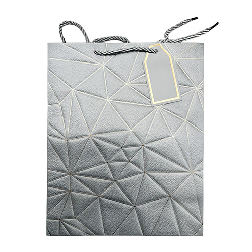 Leather look paper gift bag, with a printed design for presenting a wrapped gift and a separate greeting card.