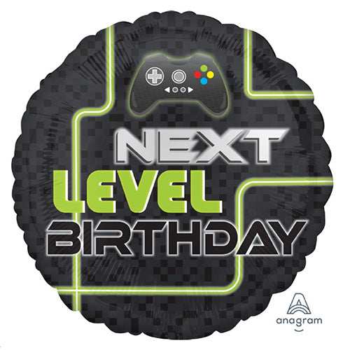 Level Up Gaming Birthday Foil Balloon, 18 Inch shown as a product reference for birthday celebrations, with its themed design visible.
