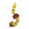 Red lotus Diwali wall hanging with gold outline, yellow flowers, white decorative beads and an ornate hanging ornament.